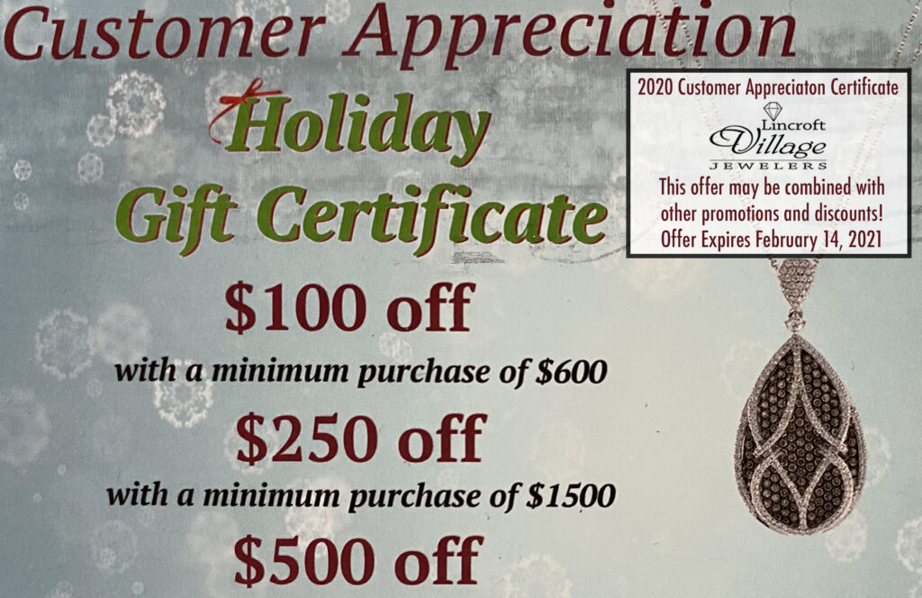 2020 Holiday Gift Certificates. Lincroft Village Jewelers, NJ